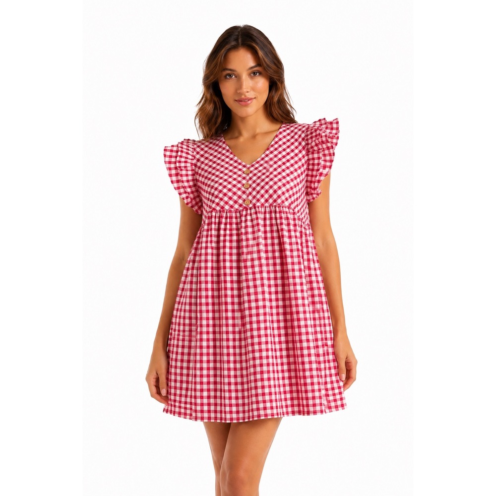 Bohera Red Gingham Seersucker Ruffle Sleeve Babydoll Mini Dress Womens Large